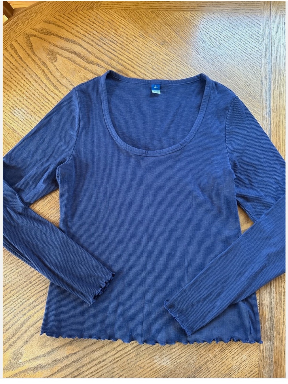 Old Navy Long-Sleeve Scoop Neck Ribbed Top Ruffled Trim LARGE TALL navy